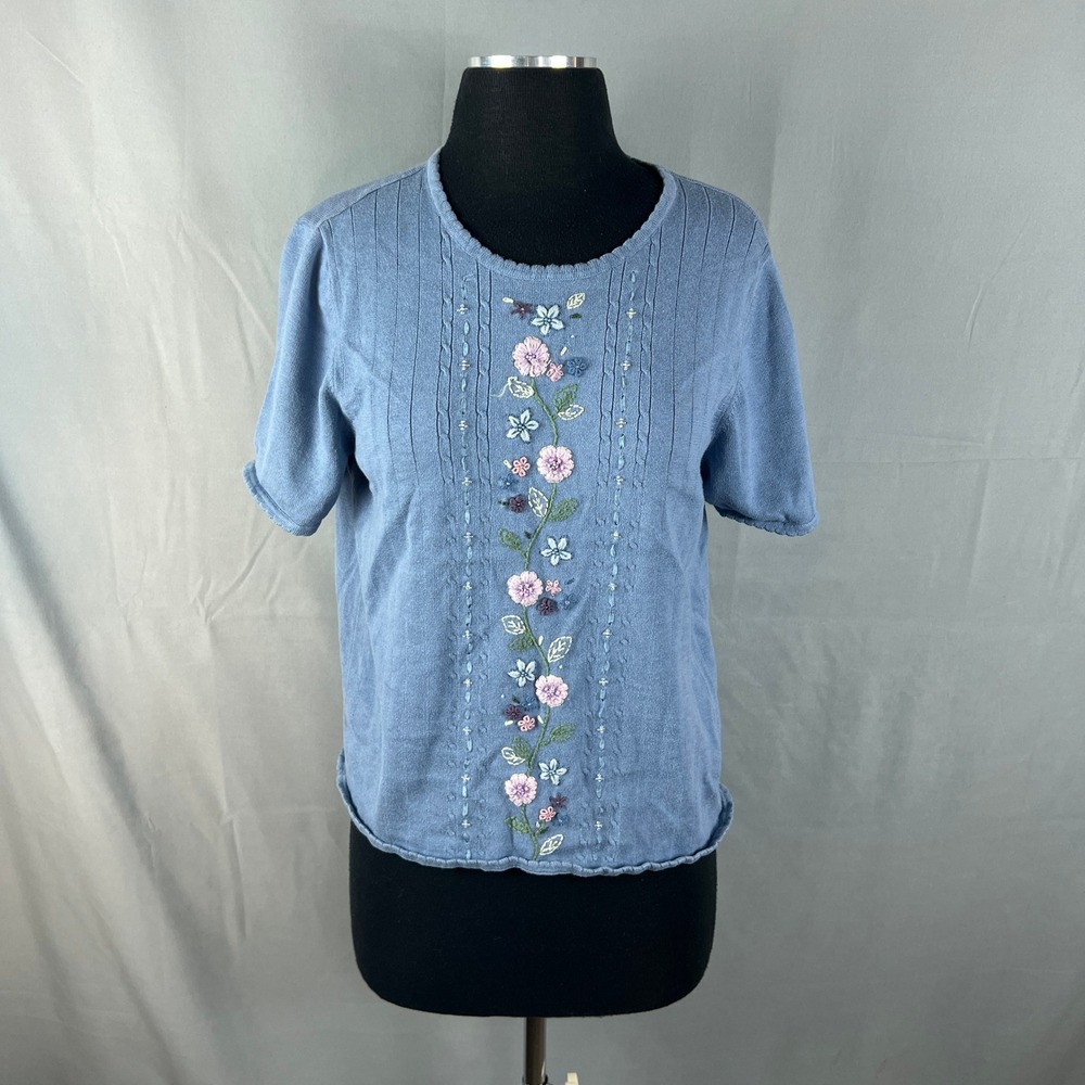 Alfred Dunner Blouse Top Women Petite Large Blue Floral Embroidered Short Sleeve